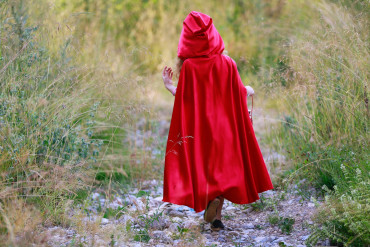 girl with red hood walking on rocky path between grasses